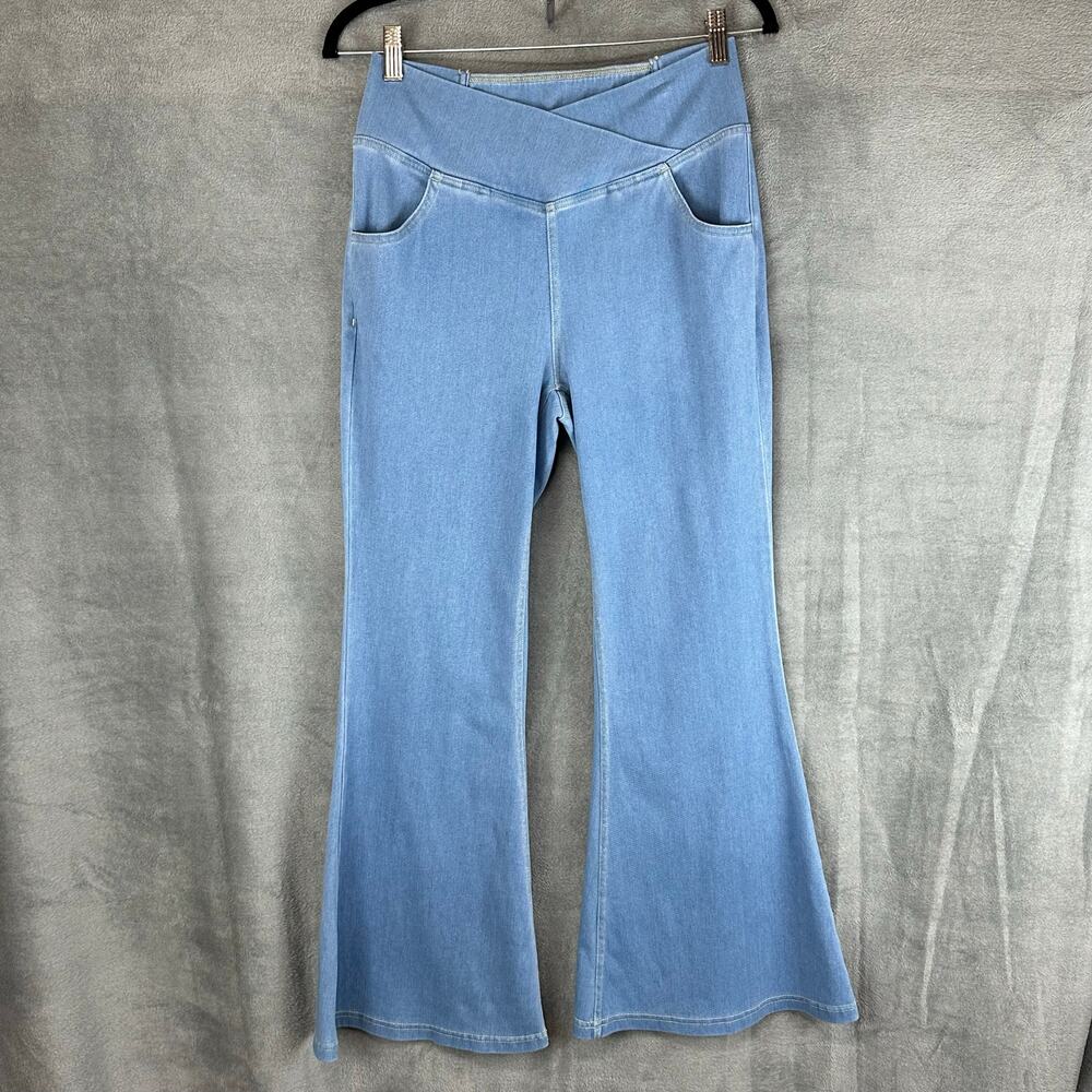 Halara Pants Womens Medium Petite Blue Cross Waist Flare Pull On Pockets Stretch
